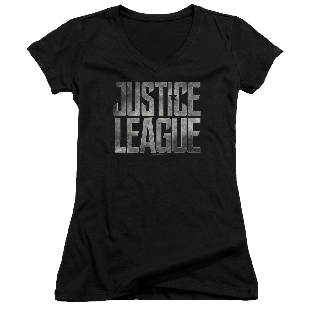 Justice League Metal Logo Juniors V-Neck T-Shirt Juniors V-Neck T-Shirt Justice League