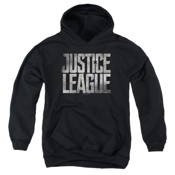 Black youth hoodie for ages 8 to 12 with Justice League Movie Metal Logo graphic