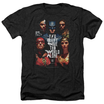 Charcoal men's heather t-shirt with Justice League Save The World Poster graphic