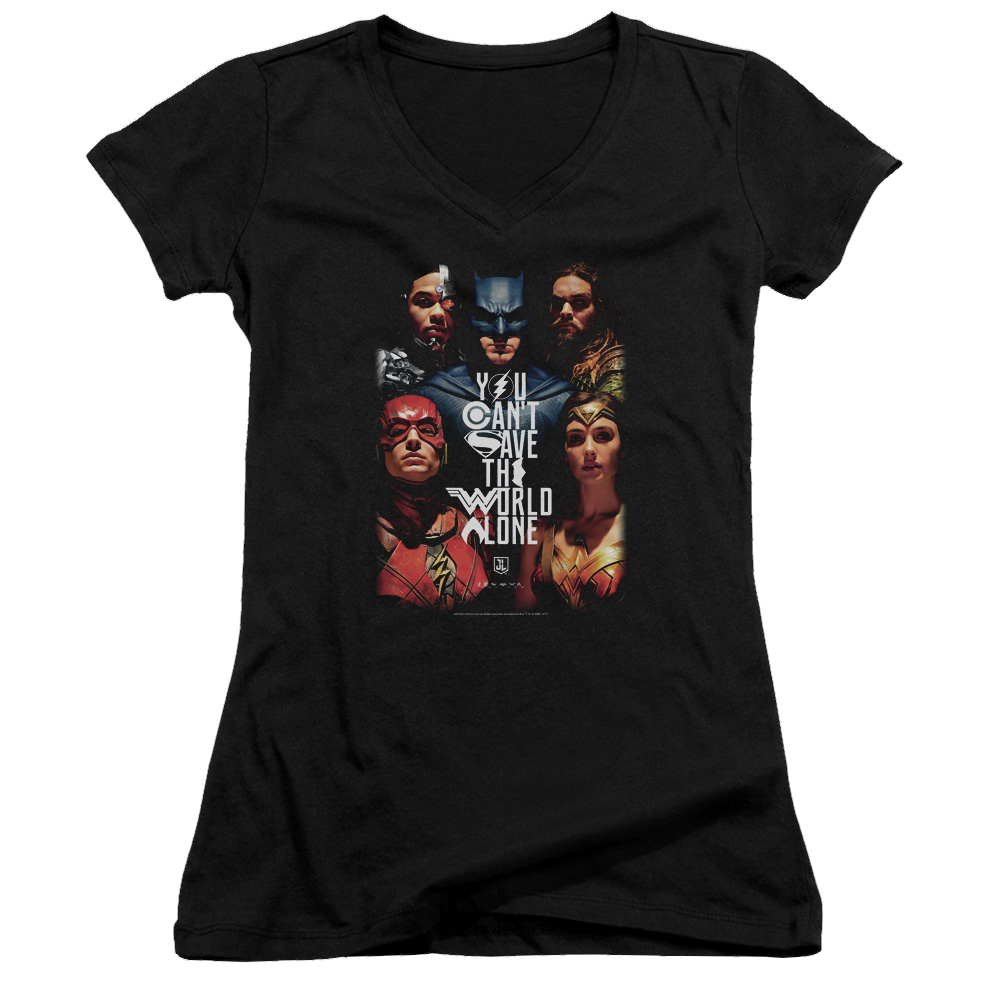 Justice League Save The World Poster Juniors V-Neck T-Shirt Juniors V-Neck T-Shirt Justice League