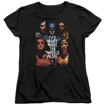 Black women's t-shirt with Justice League Save The World Poster graphic