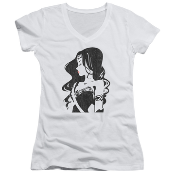 White juniors v-neck t-shirt with Justice League Profile graphic