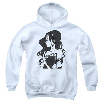 White youth hoodie for ages 8 to 12 with Justice League Movie Profile graphic