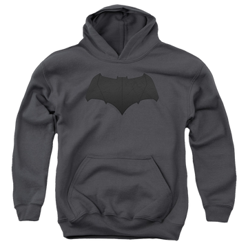Charcoal youth hoodie for ages 8 to 12 with Justice League Movie Batman Logo graphic