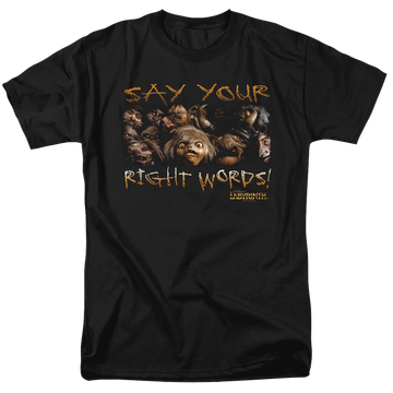 Black men's regular fit t-shirt with Labyrinth Say Your Right Words graphic