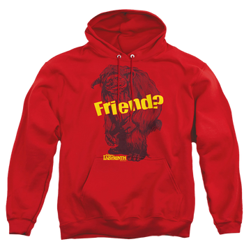 Red pullover hoodie with Labyrinth Ludo Friend graphic