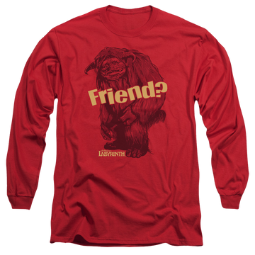 Red men's long sleeve t-shirt with Labyrinth Ludo Friend graphic