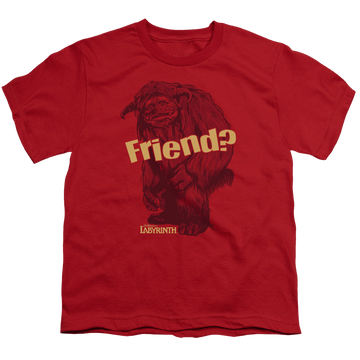 Red youth t-shirt for ages 8 to 12 with Labyrinth Ludo Friend graphic