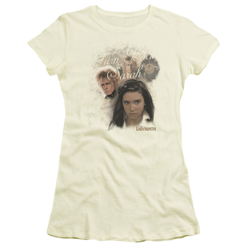 Cream juniors t-shirt with Labyrinth Turn Back Sarah graphic