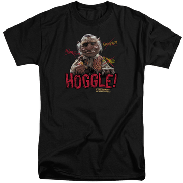 Black men's tall fit t-shirt with Labyrinth Hoggle graphic