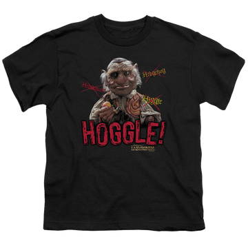 Black youth t-shirt for ages 8 to 12 with Labyrinth Hoggle graphic