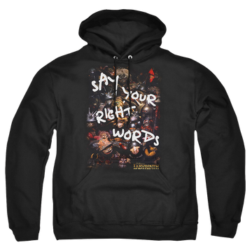 Black pullover hoodie with Labyrinth Right Words graphic