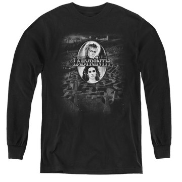 Black youth long sleeve t-shirt with Labyrinth Maze graphic
