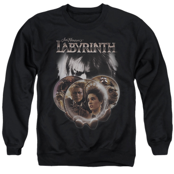 Black men's crewneck sweatshirt with Labyrinth Globes graphic