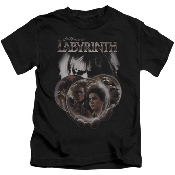 Black kid's t-shirt for ages 4 to 7 with Labyrinth Globes graphic