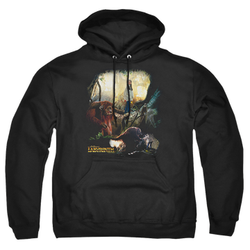 Black pullover hoodie with Labyrinth Sarah & Ludo graphic