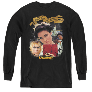 Black youth long sleeve t-shirt with Labyrinth Dangers Untold graphic