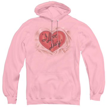 Pink pullover hoodie with I Love Lucy Classic Logo graphic