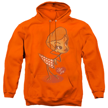 Orange pullover hoodie with I Love Lucy Vintage Doll graphic