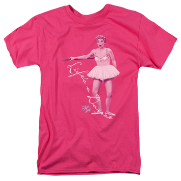 Hot pink men's regular fit t-shirt with I Love Lucy Lifes A Big Dance graphic