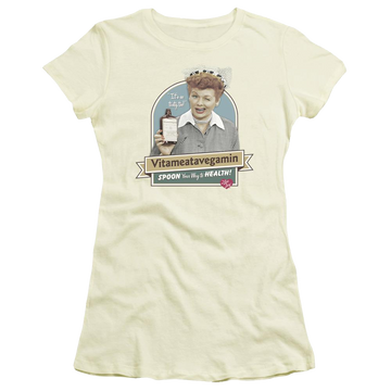 Cream juniors t-shirt with I Love Lucy Spoon To Health graphic