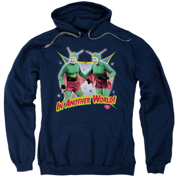Navy pullover hoodie with I Love Lucy In Another World graphic