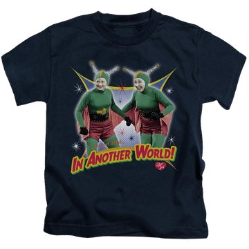 Navy kid's t-shirt for ages 4 to 7 with I Love Lucy In Another World graphic