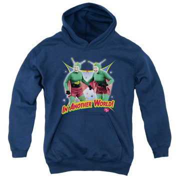 Navy youth hoodie for ages 8 to 12 with I Love Lucy In Another World graphic