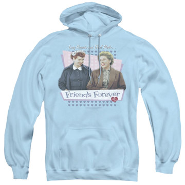 Light blue pullover hoodie with I Love Lucy Friends Forever graphic
