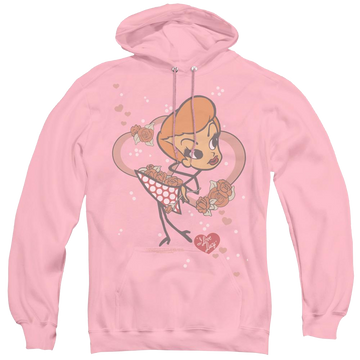 Pink pullover hoodie with I Love Lucy Fun Girl graphic