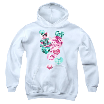 White youth hoodie for ages 8 to 12 with I Love Lucy Never A Dull Moment graphic