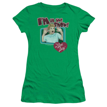 Kelly green juniors t-shirt with I Love Lucy Put Me In The Show graphic