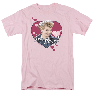 Pink men's regular fit t-shirt with I Love Lucy Im Lucy graphic