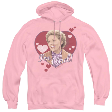 Pink pullover hoodie with I Love Lucy Im Ethel graphic