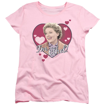 Pink women's t-shirt with I Love Lucy Im Ethel graphic