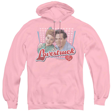 Pink pullover hoodie with I Love Lucy Lovestruck graphic
