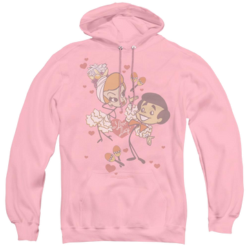 Pink pullover hoodie with I Love Lucy Rumba Dance graphic