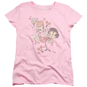 Pink women's t-shirt with I Love Lucy Rumba Dance graphic