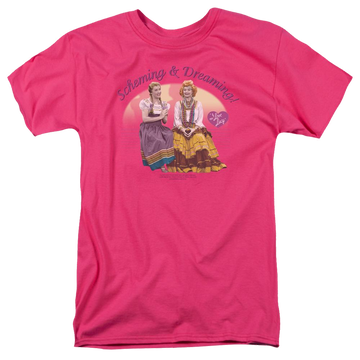 Hot pink men's regular fit t-shirt with I Love Lucy Scheming & Dreaming graphic