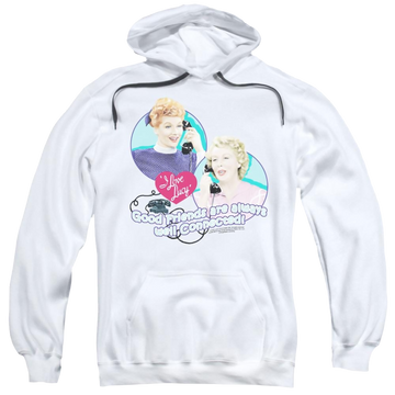 White pullover hoodie with I Love Lucy Always Connected graphic