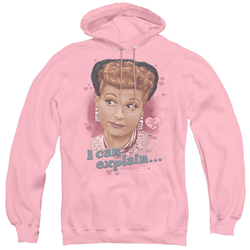 Pink pullover hoodie with I Love Lucy I Can Explain graphic