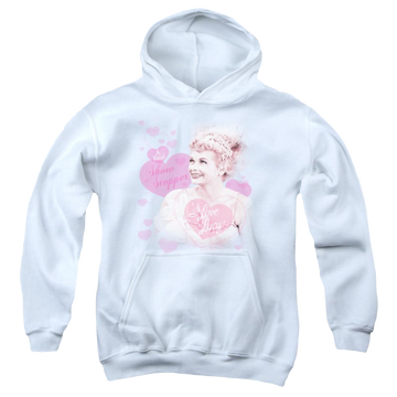 White youth hoodie for ages 8 to 12 with I Love Lucy Show Stopper graphic