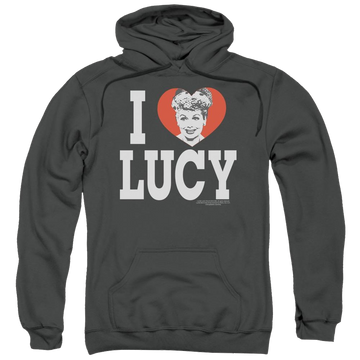 Charcoal pullover hoodie with I Love Lucy graphic