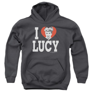 Charcoal youth hoodie for ages 8 to 12 with I Love Lucy graphic