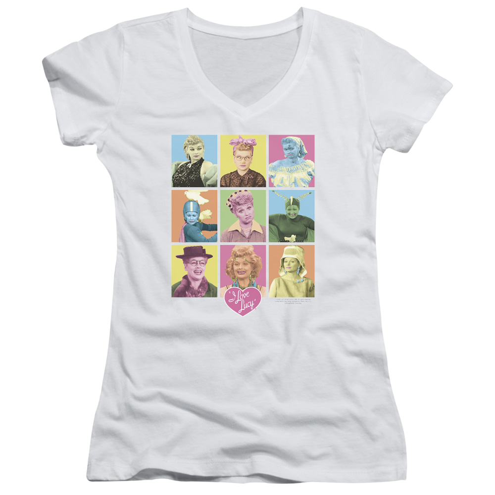 I Love Lucy So Many Faces Juniors V-Neck T-Shirt Juniors V-Neck T-Shirt I Love Lucy