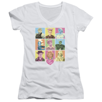 White juniors v-neck t-shirt with I Love Lucy So Many Faces graphic