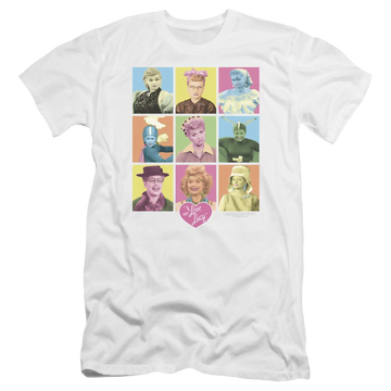 White men's premium slim fit t-shirt with I Love Lucy So Many Faces graphic