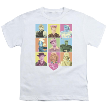 White youth t-shirt for ages 8 to 12 with I Love Lucy So Many Faces graphic