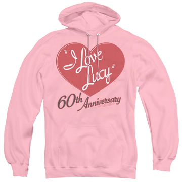 Pink pullover hoodie with I Love Lucy 60Th Anniversary graphic