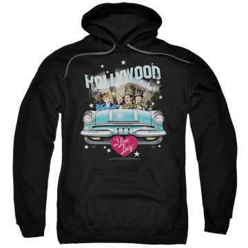 Black pullover hoodie with I Love Lucy Hollywood Road Trip graphic